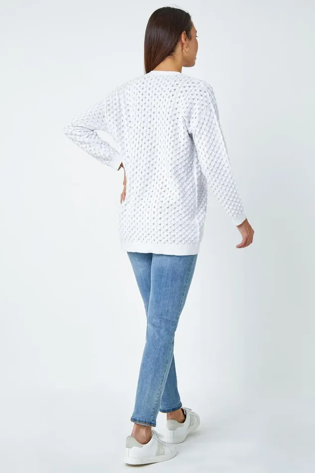 White Cotton Blend Waffle Knit Cardigan Women Roman Knitwear