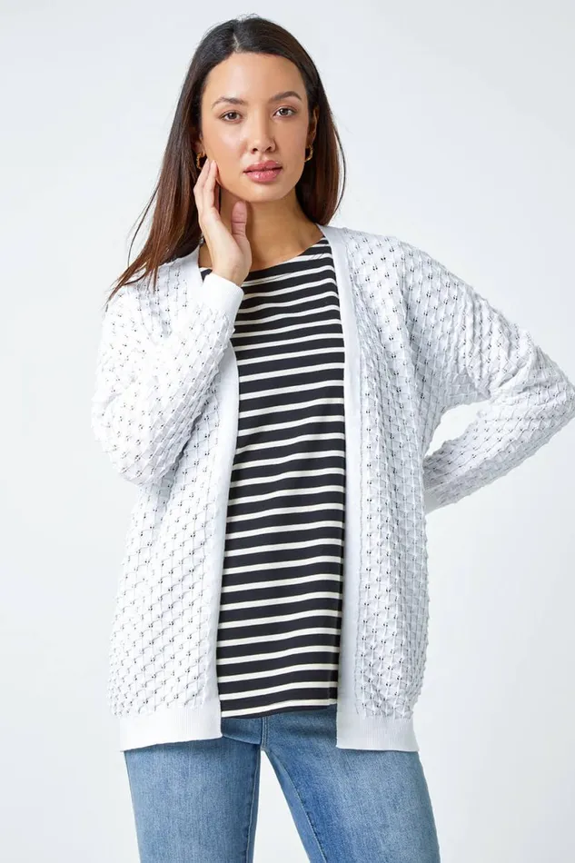 White Cotton Blend Waffle Knit Cardigan Women Roman Knitwear