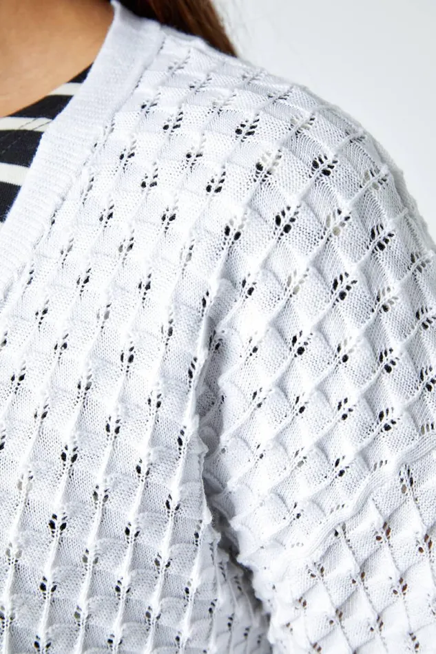 White Cotton Blend Waffle Knit Cardigan Women Roman Knitwear