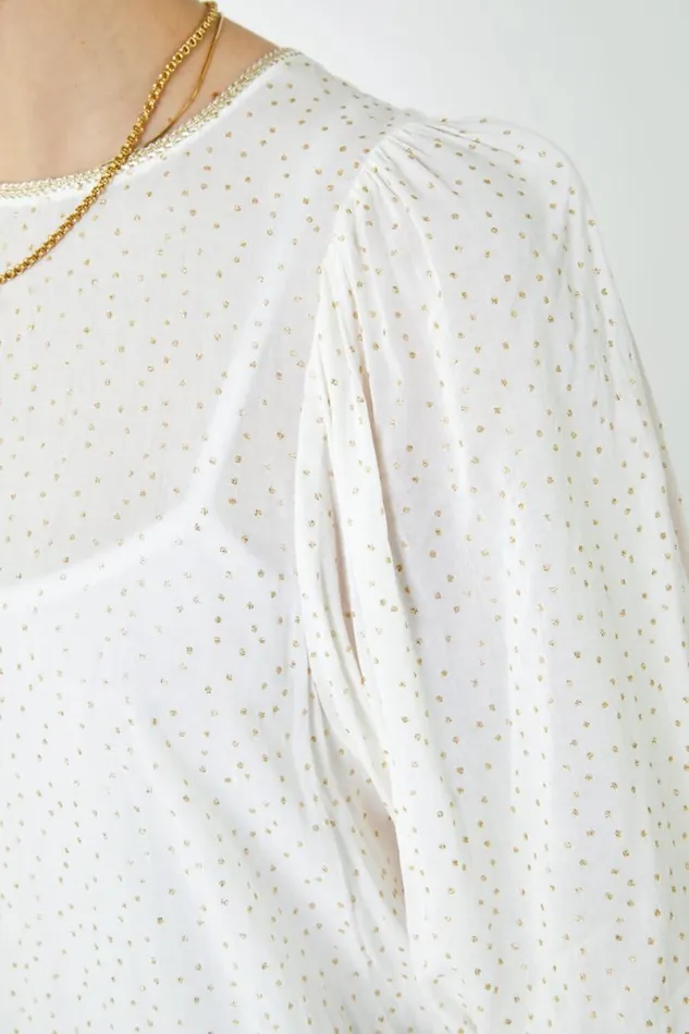 White Glitter Spot Balloon Sleeve Top Women Roman Tops