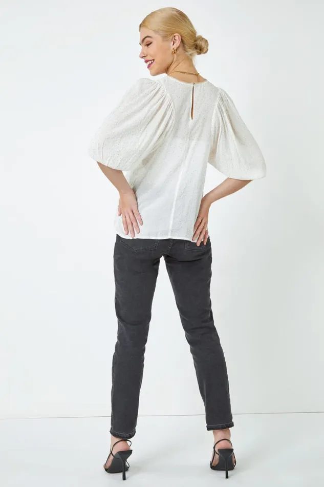 White Glitter Spot Balloon Sleeve Top Women Roman Tops