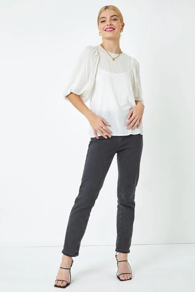 White Glitter Spot Balloon Sleeve Top Women Roman Tops