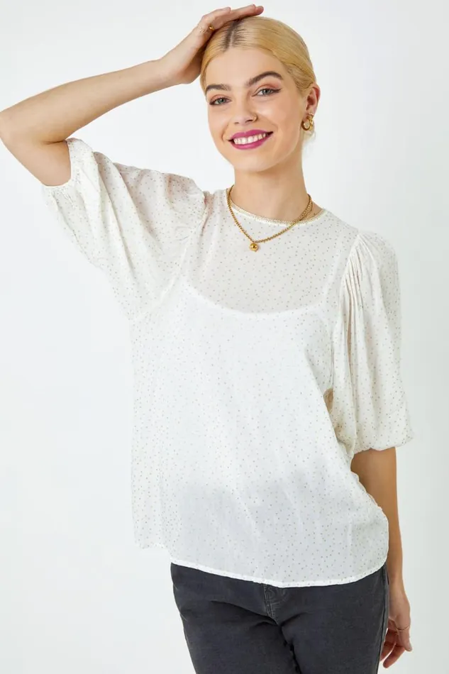 White Glitter Spot Balloon Sleeve Top Women Roman Tops