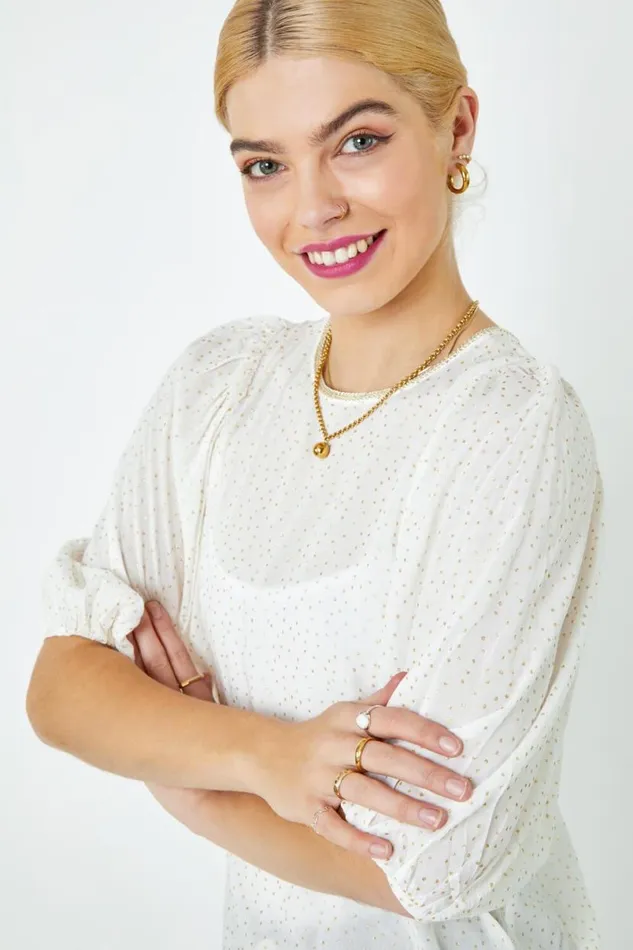 White Glitter Spot Balloon Sleeve Top Women Roman Tops
