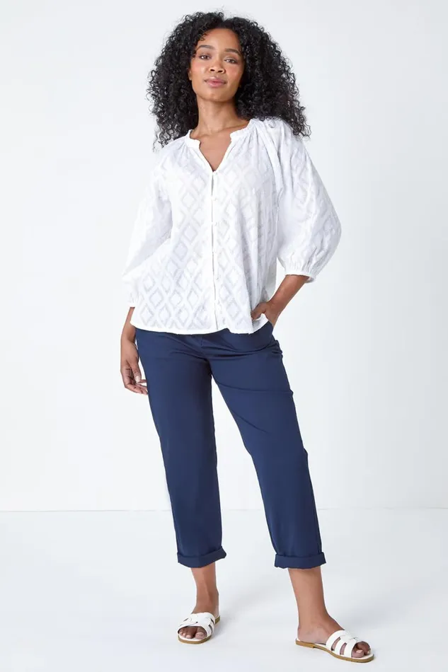 White Petite Textured VNeck Cotton Blouse Women Roman Tops