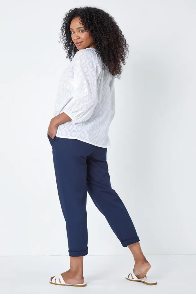 White Petite Textured VNeck Cotton Blouse Women Roman Tops