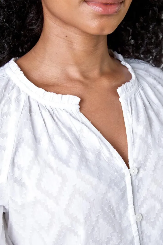 White Petite Textured VNeck Cotton Blouse Women Roman Tops