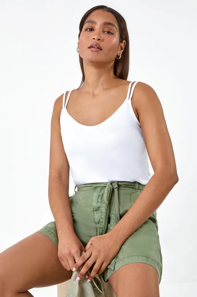 White Plain Double Strap VNeck Stretch Vest Top Women Roman Tops