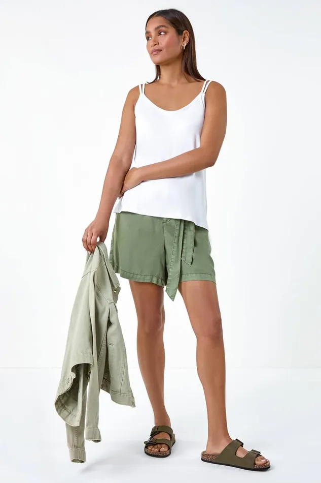 White Plain Double Strap VNeck Stretch Vest Top Women Roman Tops