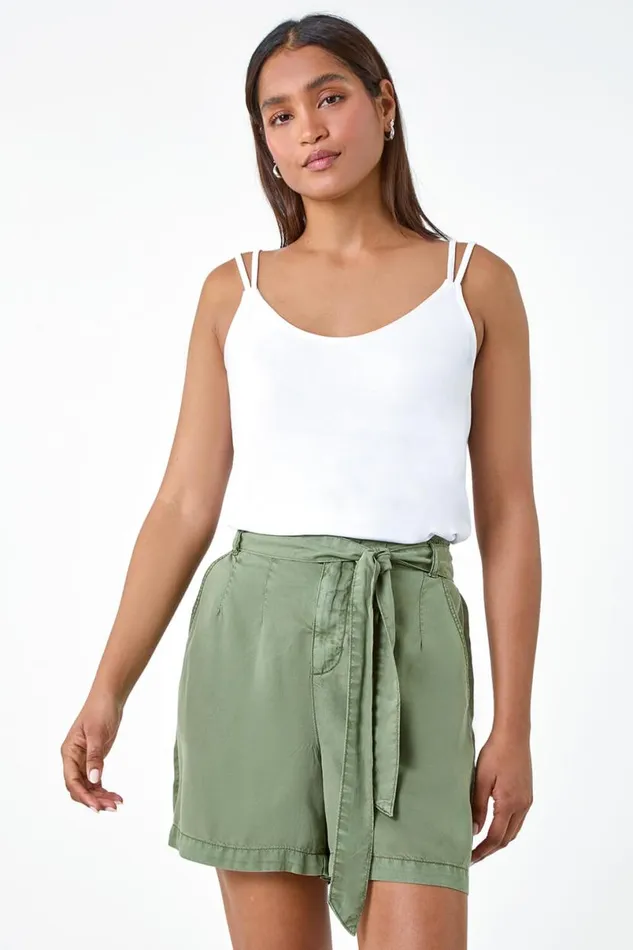 White Plain Double Strap VNeck Stretch Vest Top Women Roman Tops