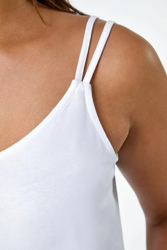 White Plain Double Strap VNeck Stretch Vest Top Women Roman Tops