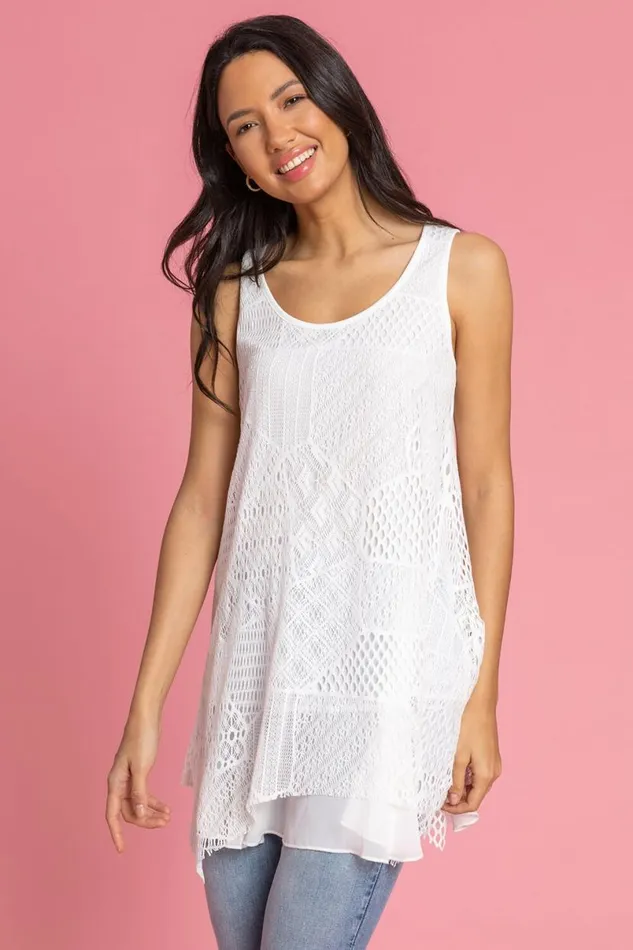 White Stretch Lace Hanky Hem Vest Top Women Roman Tops