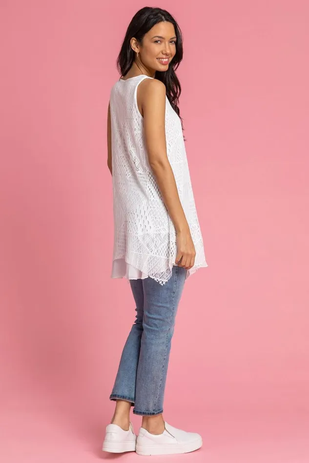 White Stretch Lace Hanky Hem Vest Top Women Roman Tops