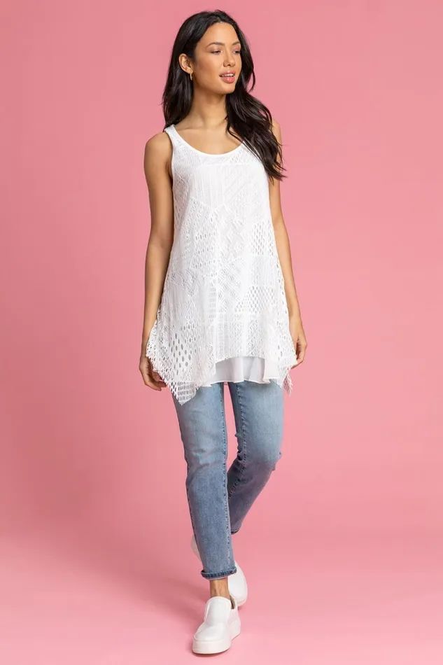 White Stretch Lace Hanky Hem Vest Top Women Roman Tops