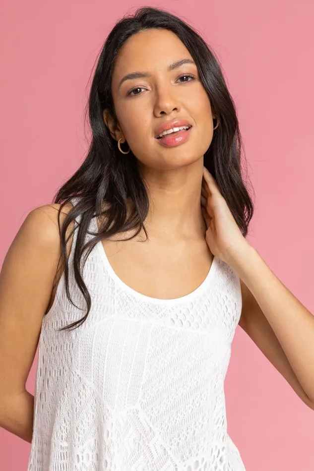 White Stretch Lace Hanky Hem Vest Top Women Roman Tops