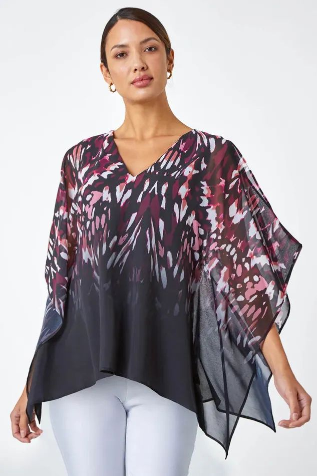 Wine Abstract Print Chiffon Overlay VNeck Top Women Roman Tops