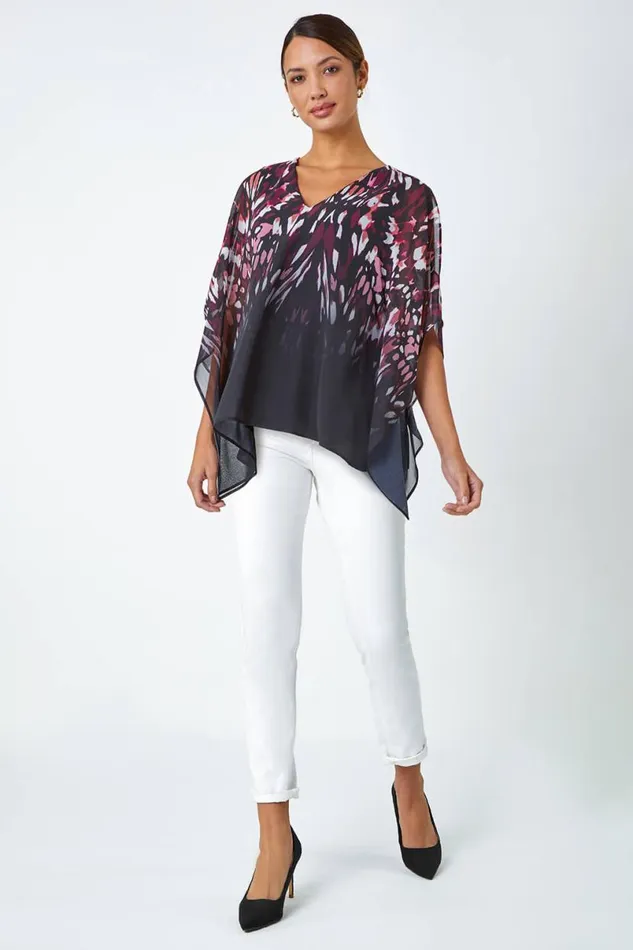 Wine Abstract Print Chiffon Overlay VNeck Top Women Roman Tops