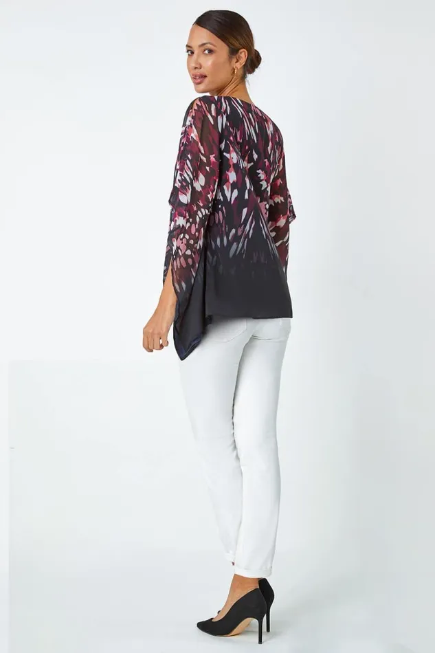 Wine Abstract Print Chiffon Overlay VNeck Top Women Roman Tops