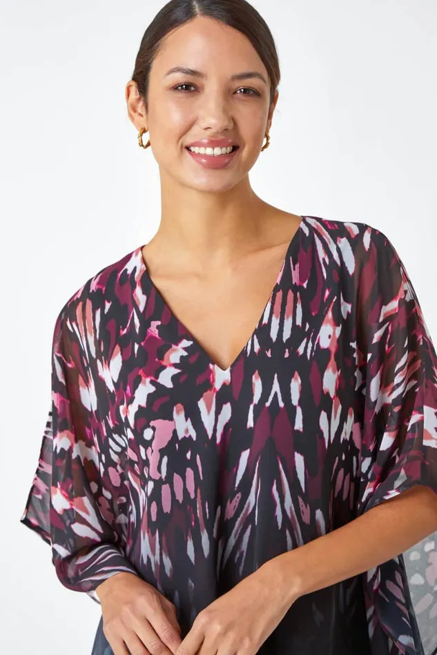 Wine Abstract Print Chiffon Overlay VNeck Top Women Roman Tops