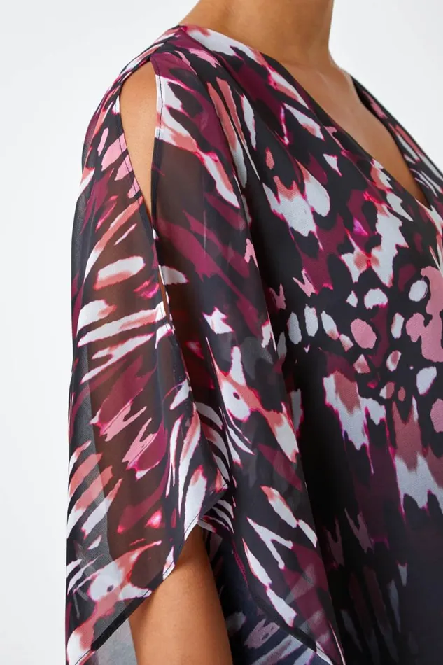 Wine Abstract Print Chiffon Overlay VNeck Top Women Roman Tops