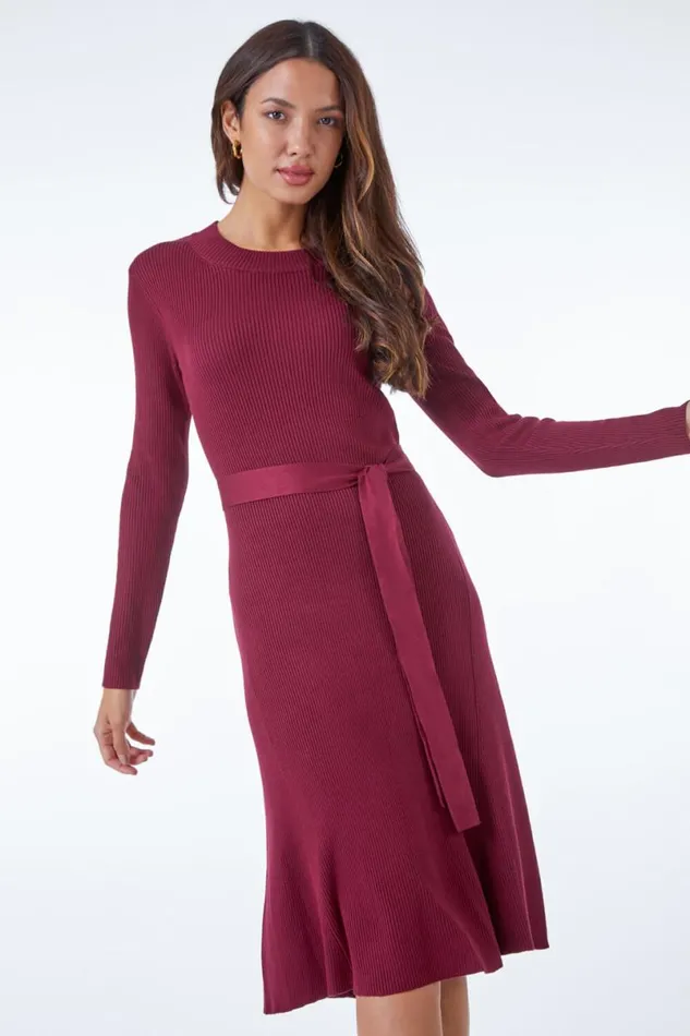 Wine Belted Knitted Midi Dress Women Roman Dresses