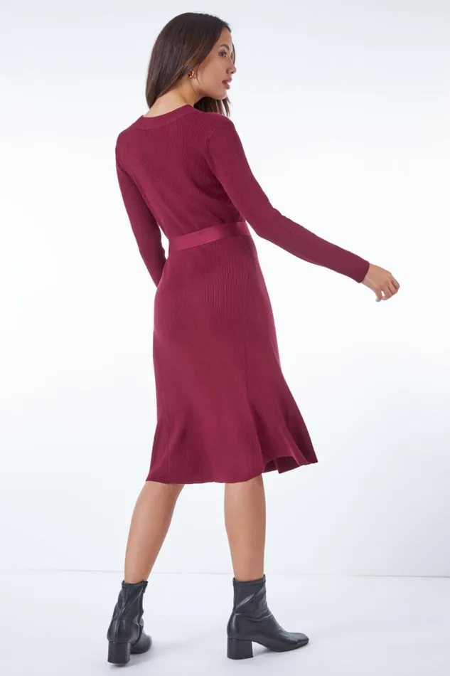Wine Belted Knitted Midi Dress Women Roman Dresses