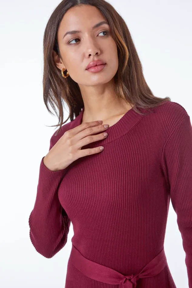 Wine Belted Knitted Midi Dress Women Roman Dresses