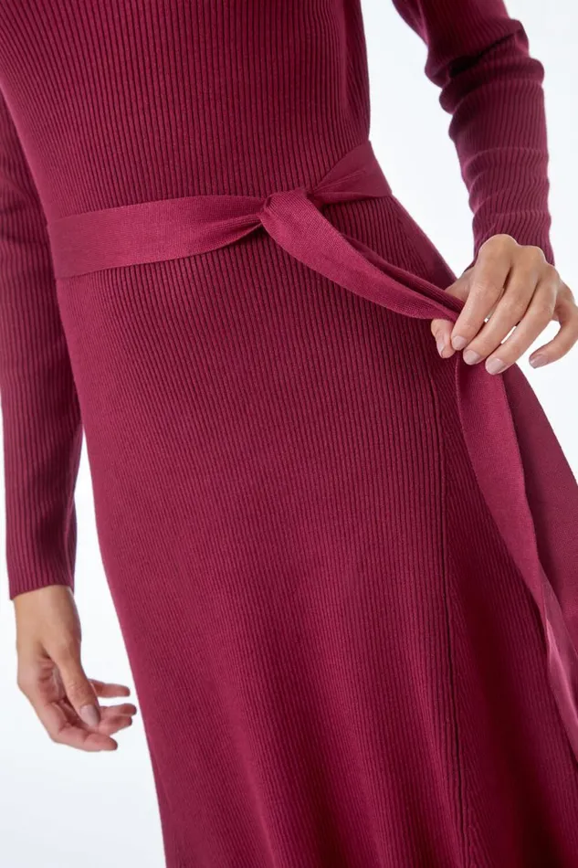 Wine Belted Knitted Midi Dress Women Roman Dresses