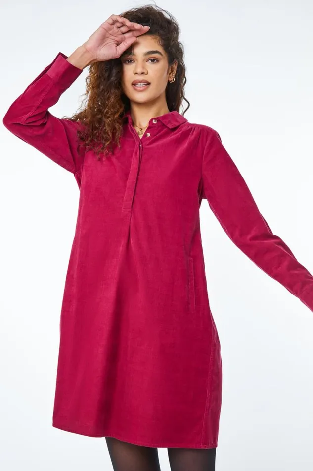 Wine Corduroy Tunic Shirt Dress Women Roman Dresses
