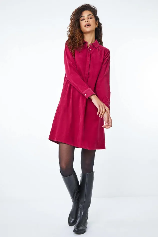 Wine Corduroy Tunic Shirt Dress Women Roman Dresses