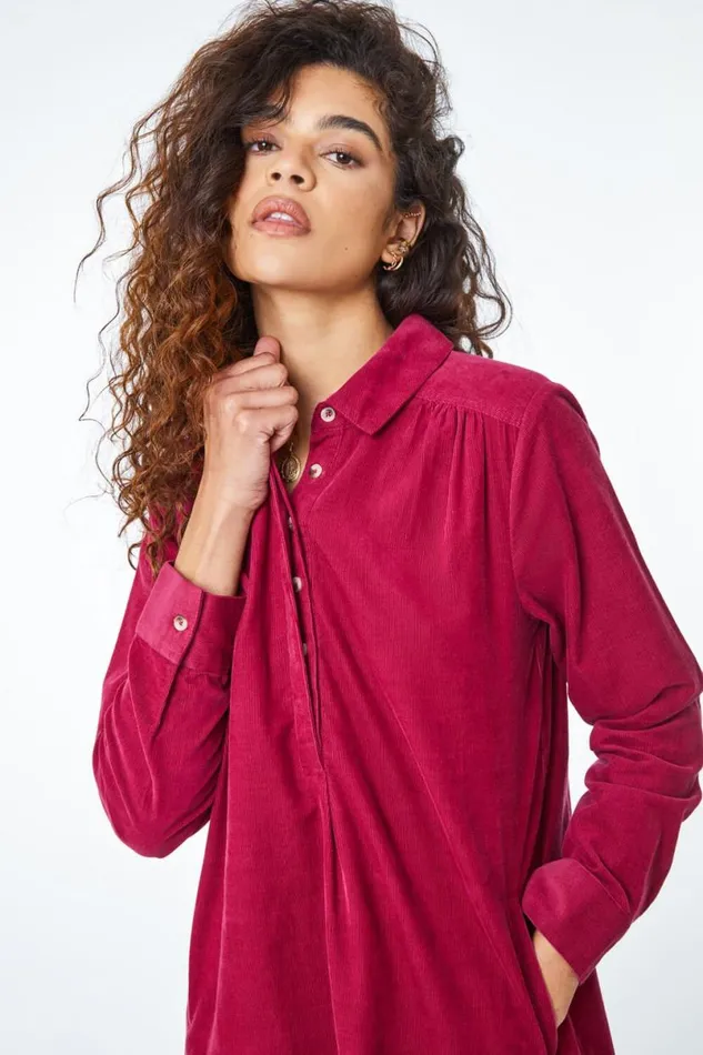Wine Corduroy Tunic Shirt Dress Women Roman Dresses