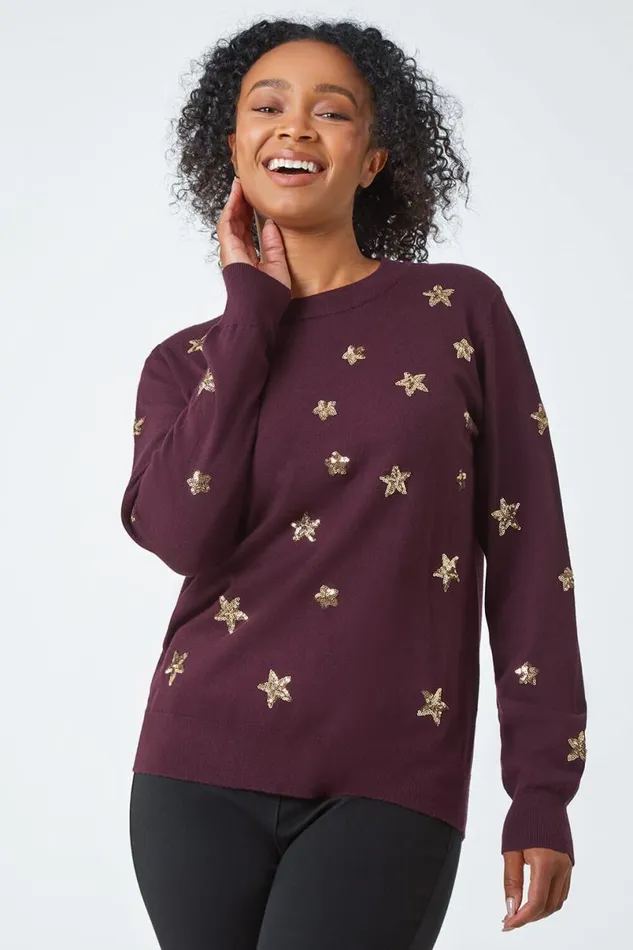 Wine Petite Sequin Star Embellished Jumper Women Roman Knitwear