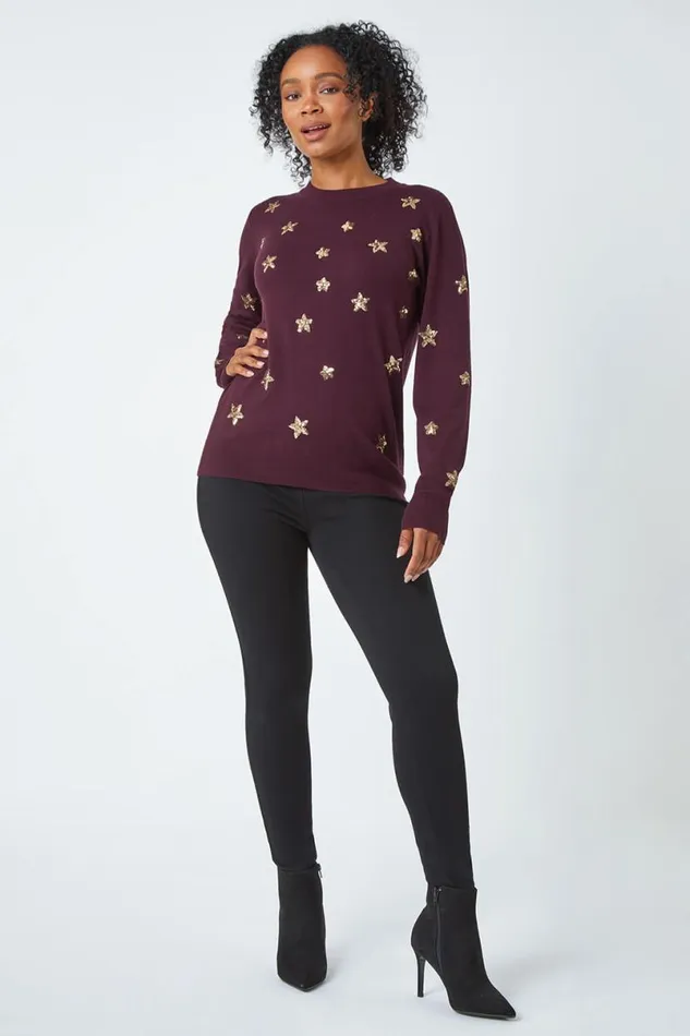 Wine Petite Sequin Star Embellished Jumper Women Roman Knitwear