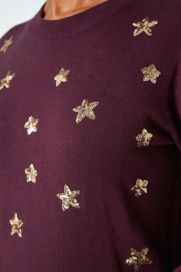 Wine Petite Sequin Star Embellished Jumper Women Roman Knitwear