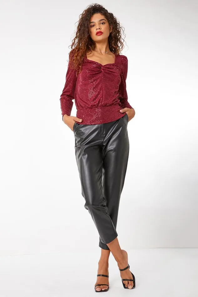 Wine Ruched Sequin Sweetheart Top Women Roman Tops