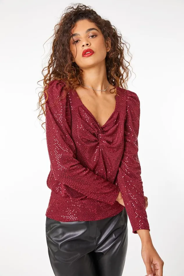 Wine Ruched Sequin Sweetheart Top Women Roman Tops