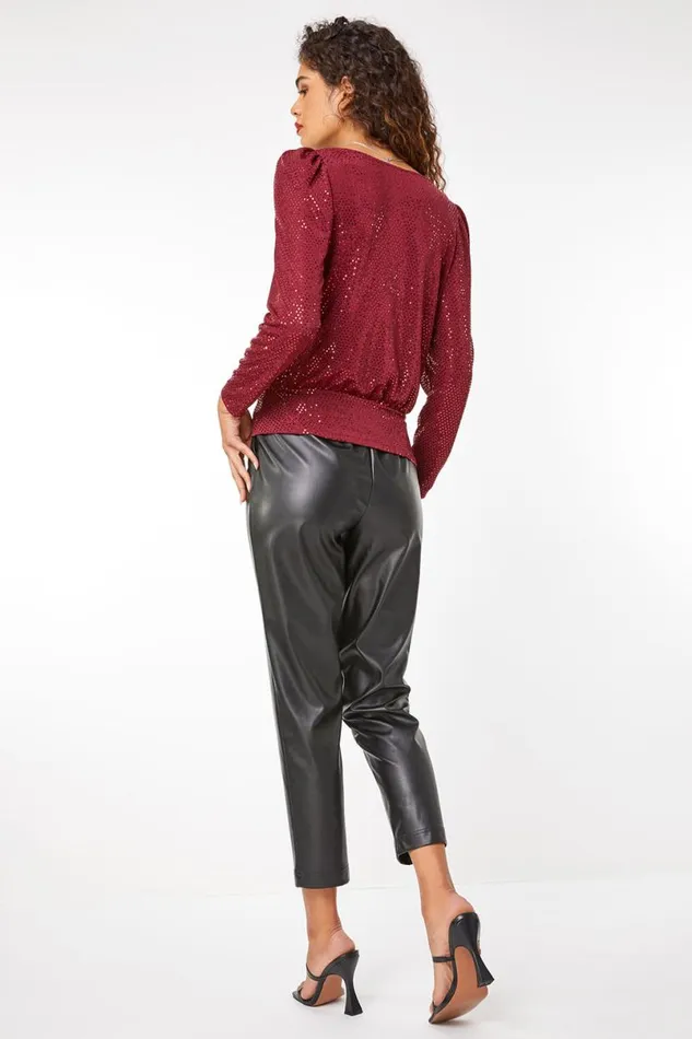 Wine Ruched Sequin Sweetheart Top Women Roman Tops