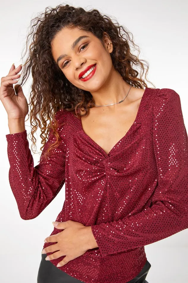 Wine Ruched Sequin Sweetheart Top Women Roman Tops