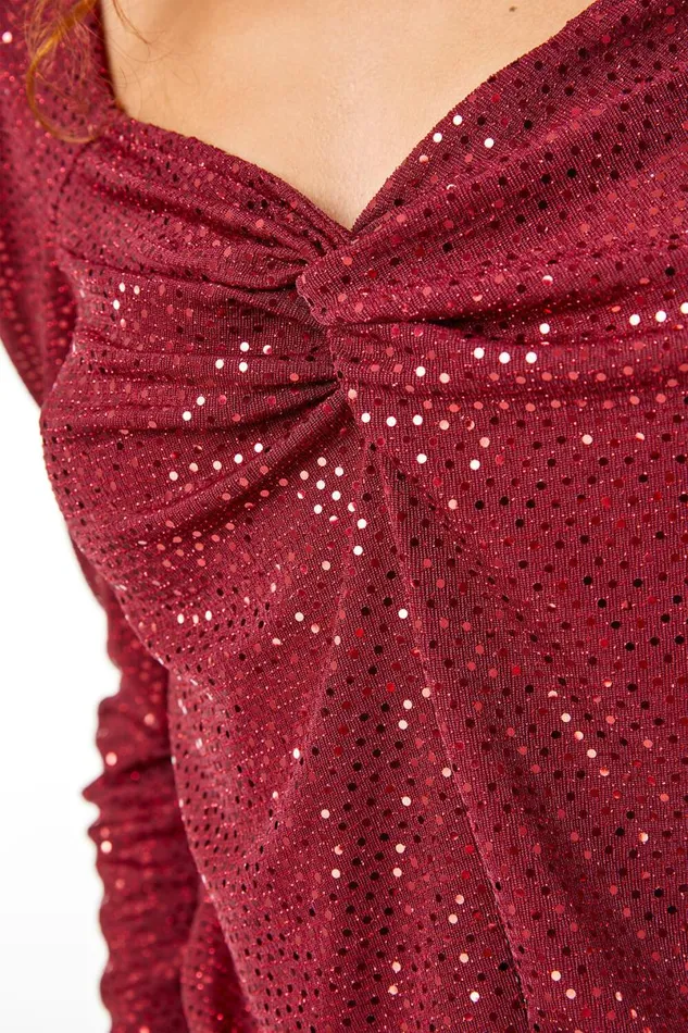 Wine Ruched Sequin Sweetheart Top Women Roman Tops