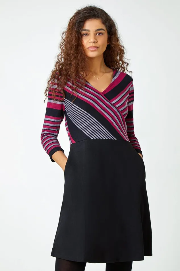 Wine Stripe Print Wrap Stretch Dress Women Roman Dresses