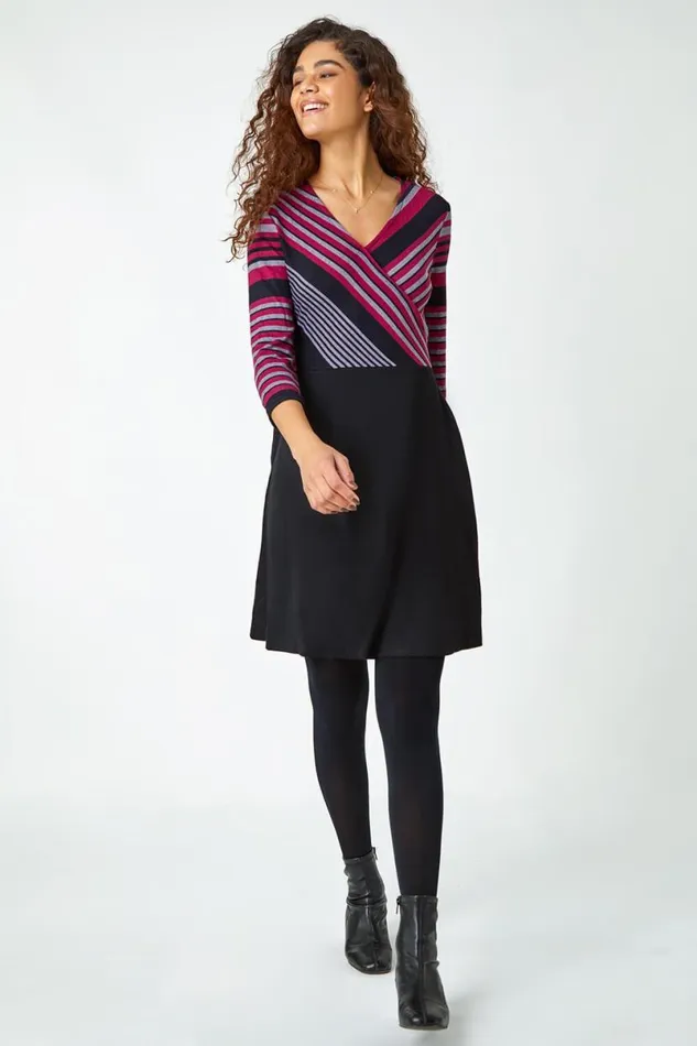 Wine Stripe Print Wrap Stretch Dress Women Roman Dresses