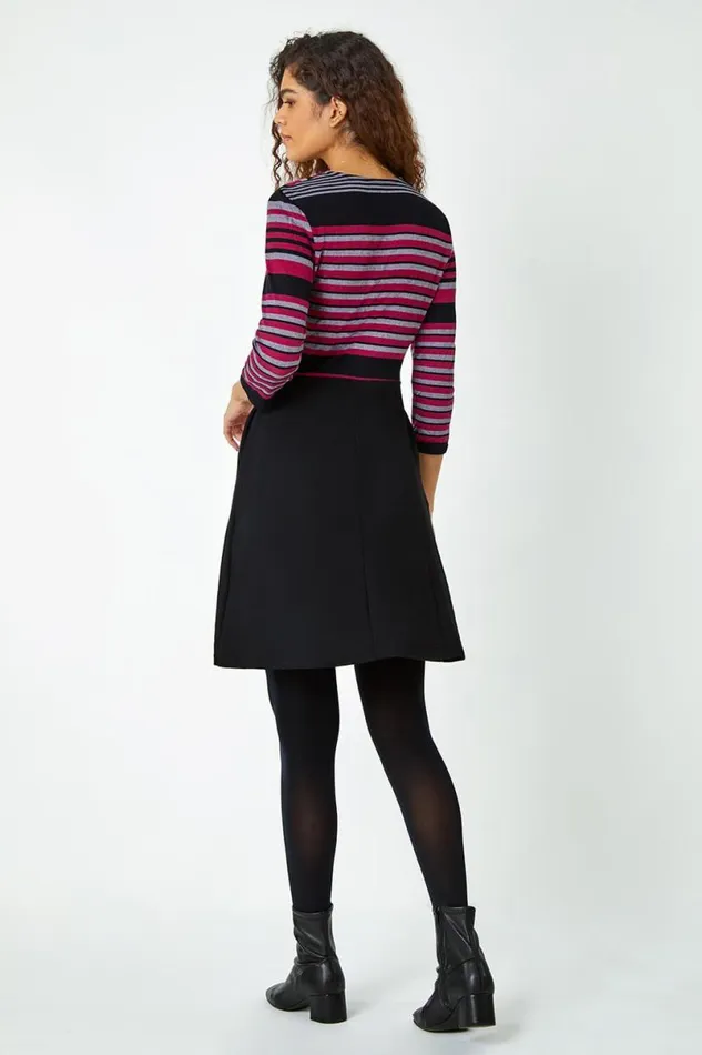Wine Stripe Print Wrap Stretch Dress Women Roman Dresses