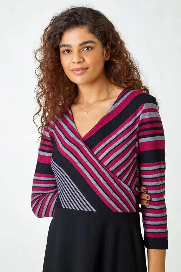 Wine Stripe Print Wrap Stretch Dress Women Roman Dresses