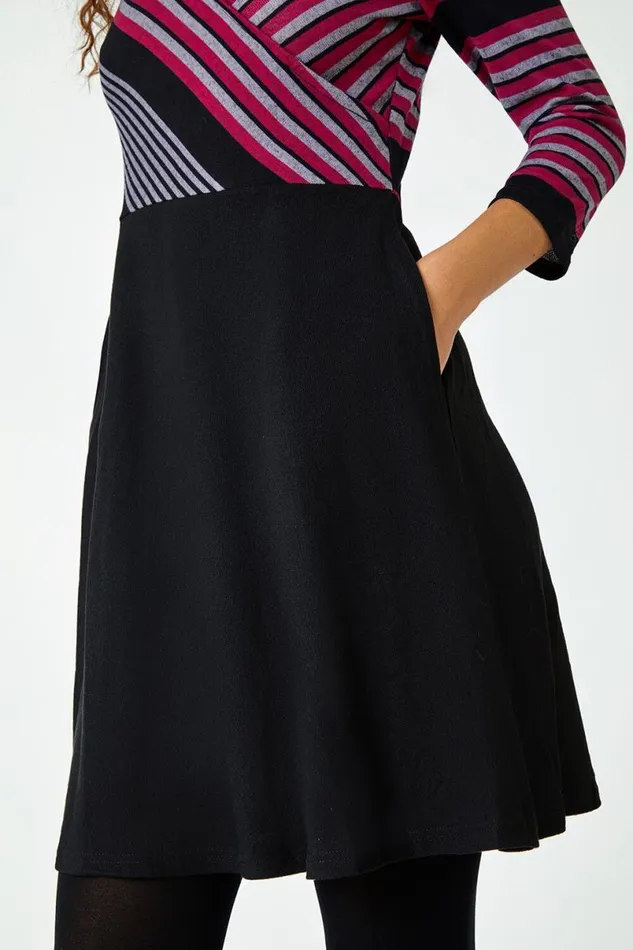 Wine Stripe Print Wrap Stretch Dress Women Roman Dresses