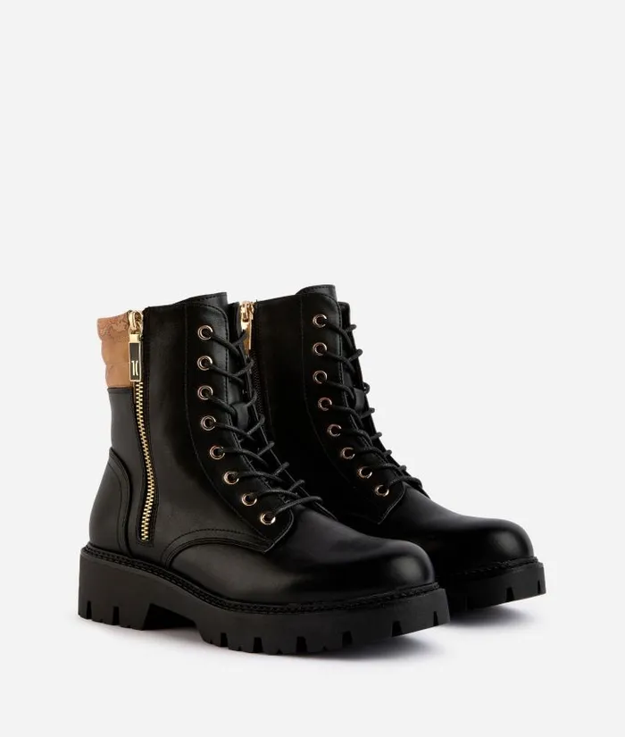Woman Boots and Booties Alviero Martini Faux Napa Leather LaceUp Boots With 1c Logo Zip Detail Black