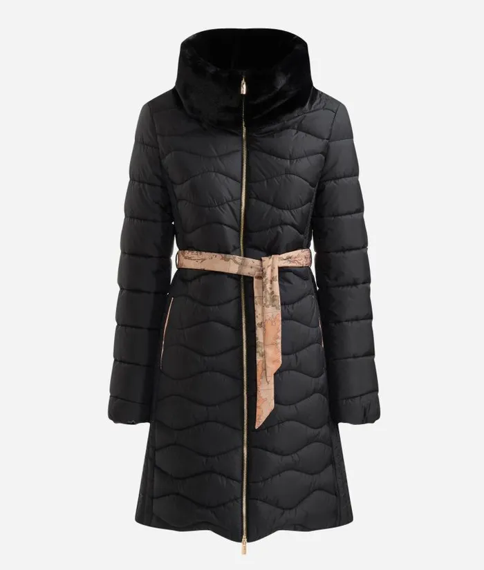 Woman Coats and Jackets Alviero Martini Iridescent Padded Nylon Jacket With Faux Fur Collar Black