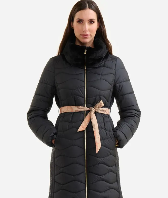 Woman Coats and Jackets Alviero Martini Iridescent Padded Nylon Jacket With Faux Fur Collar Black