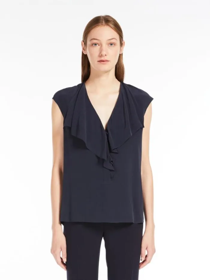 Woman Crepe De Chine Ruffle Blouse Navy Maxmara Shirts And Tops