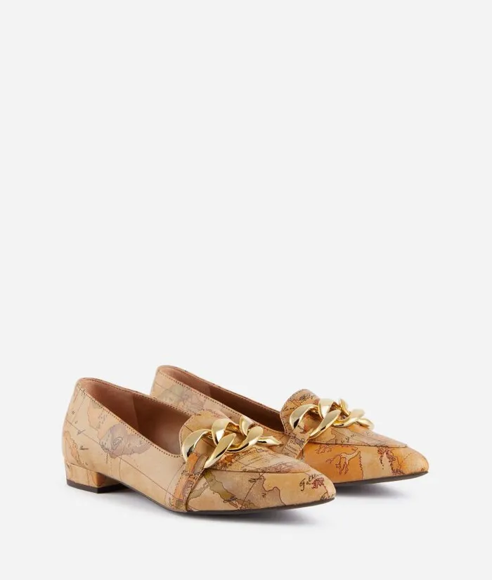Woman Flat Shoes Alviero Martini Faux Napa Leather Pointed Toe Loafers With Maxi Chain Geo Classic
