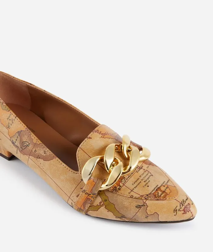 Woman Flat Shoes Alviero Martini Faux Napa Leather Pointed Toe Loafers With Maxi Chain Geo Classic